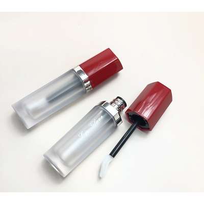 custom  luxury Hexagonal Red Lid Frosted Bottle Silver Lip Gloss Tube with wand